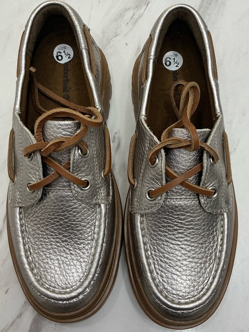 Size 6.5 Timberland Metallic Silver Leather Boat Shoes with Tan Accents